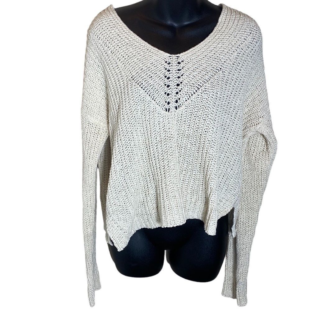 Eileen fisher white knit sweater slouchy split hem L/xl estimated organic cotton